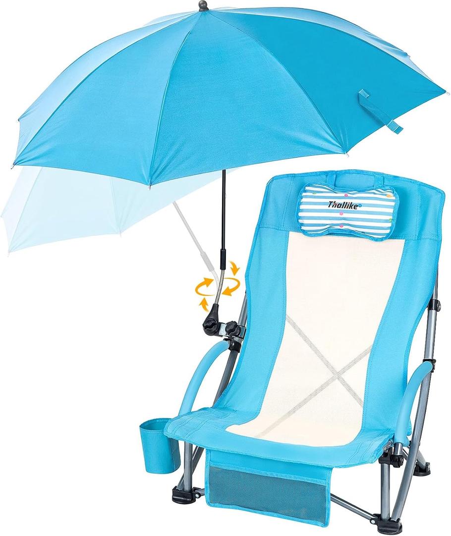 Low Beach Chair with Umbrella High Back Folding Camping Chair for Adults Breathable Mesh Seat and Back with Padded Headrest Cup Holder Storage Pocket Adjustable Tilt Sunshade Portable for Beach