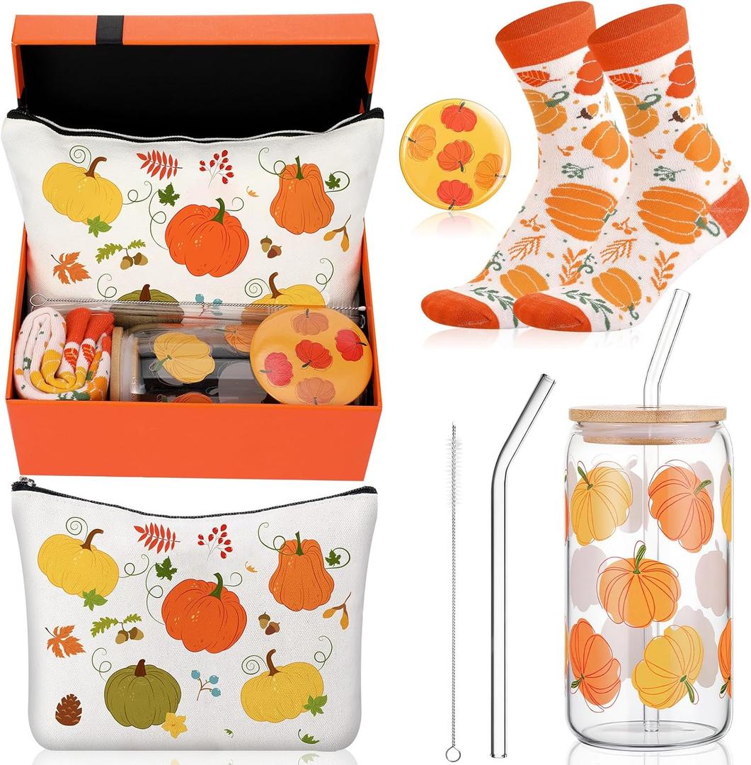 Kacctyen 5 Pcs Thanksgiving Gifts Basket for Women Orange Pumpkin Birthday Gift Basket 16 oz Pumpkin Cup with Lid Straw Makeup Bag Socks Mirror for Thanksgiving Friendsgiving Holiday Souvenirs