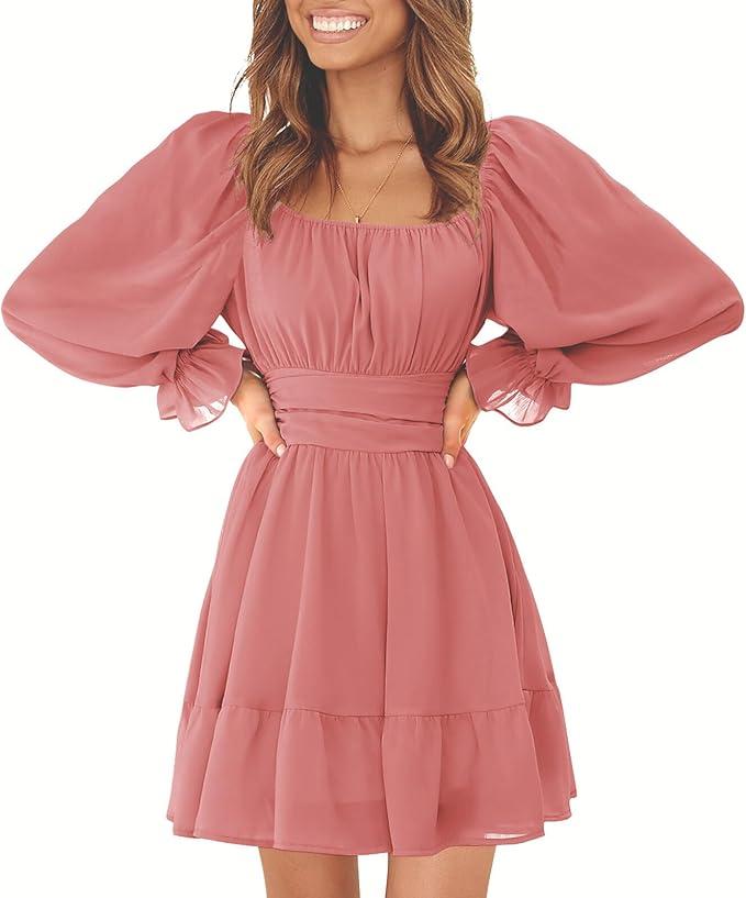 EXLURA Women's 2025 Casual Long Lantern Sleeve Dresses Square Neck Ruffle Tie Back Elastic Waist Aline Short Mini Dress (XS, Brown)