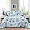 3-Piece Reversible Nautical Theme Bedspread Coverlet Queen(90x90 Inches),Blue-Green Seashells Coral Beach Bedding Sets,Lightweight Quilt Set Bed Cover,Coastal Bed Set for All Seasons(Cyan,Full/Queen)