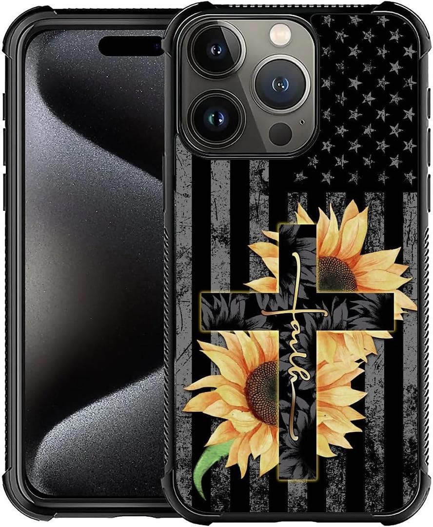 Case for iPhone 16 Pro W USA Flag Faith Sunflower Pattern Design Case for Women Girls Men Soft TPU Bumper Hard PC Back Anti-Fall Shockproof Protective Slim Cover