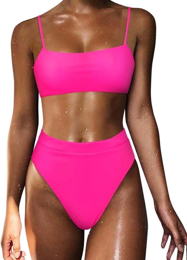 MOSHENGQI Women High Wasited Bikini Shoulder Strap 2 Piece High Cut String Swimsuits (Medium, 33 Hot Pink)