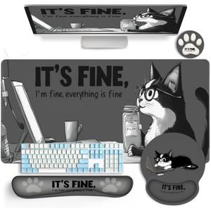 AQQA Funny Keyboard Mouse Pad Set,XXL Mouse Mat+Keyboard Wrist Rest Support, Cat Ergonomic Mouse Pad with Wrist Rest, 4 Pcs Cute Office Desk Accessories,35.415.7 in