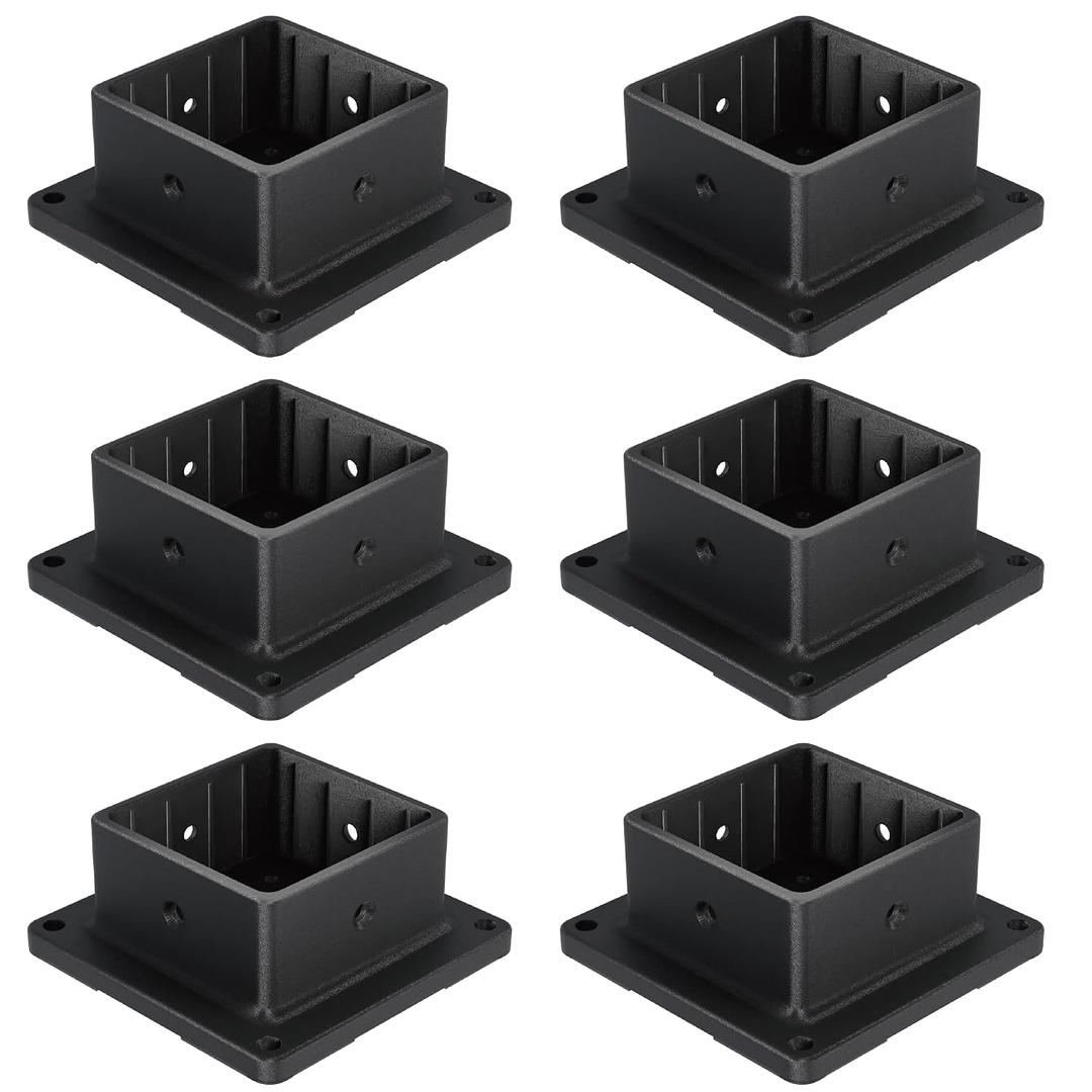 HILLMASTER 4x4 Post Base, 6 Pack Plastic Post Anchor Deck Post Base Support for Outdoor Wooden Fence,Mailbox,Pergola Brackets Fence Kit, Durable Black Bracket Base Cover with Black Powder-Coated