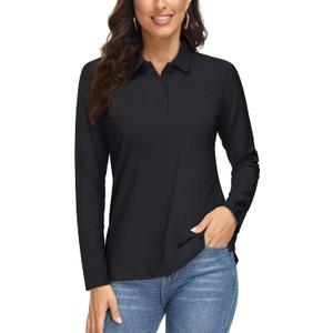 MAGCOMSEN Women's Long Sleeve Polo Shirts UPF 50+ Golf Tops Moisture Wicking Collared Shirt Tennis 3-Button (Large, Black)
