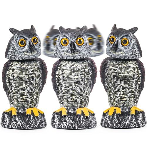 Crobirware 3 Pack Fake Owl Decoys to Scare Birds Away - Rotating Head Plastic Owl Scarecrows, Squirrel Hawk Bird Deterrent for Outside Garden Yard, Statues Garden Decor
