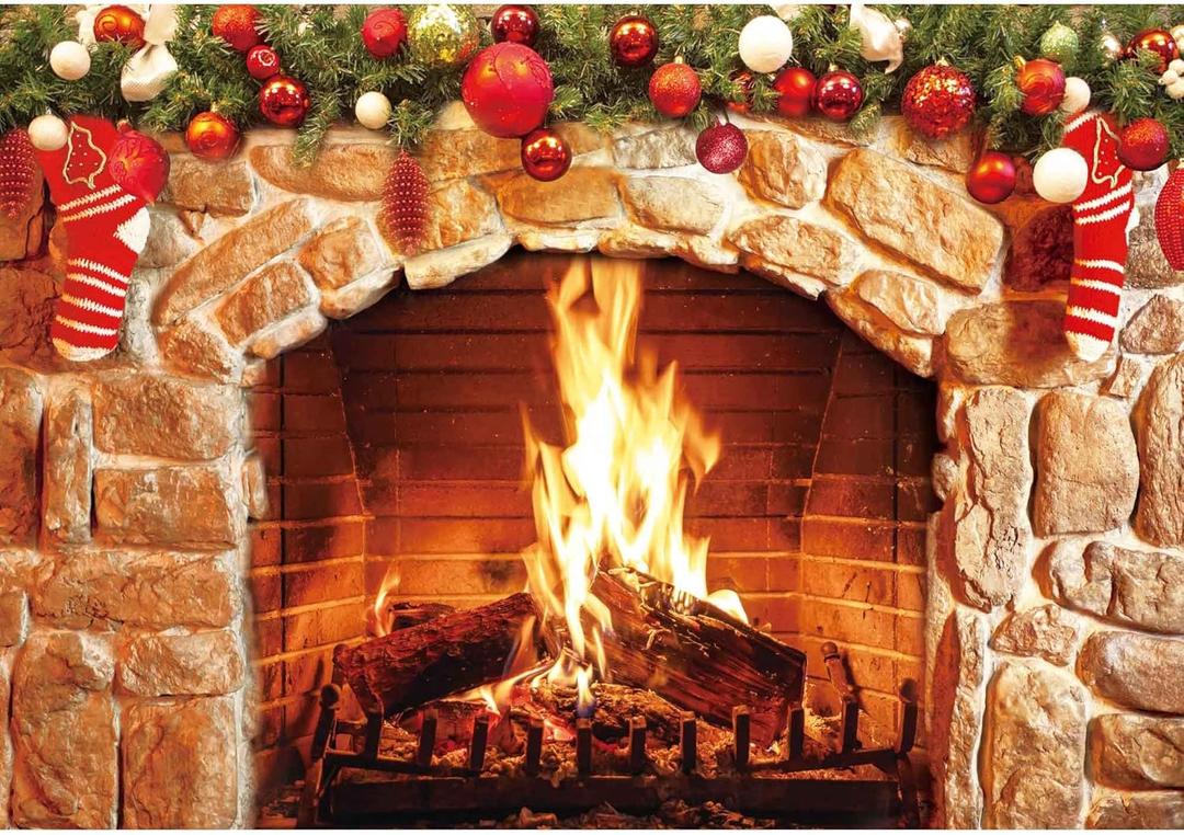 Christmas Fireplace Backdrop Photography Background for Xmas Parties Pictures Banner Studio Decor and Booth Props Wrinkle-Resistant Soft Polyester Design(10x8ft)