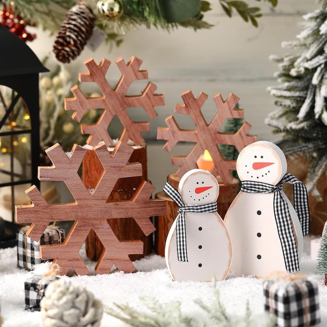 Cinnvoice 5 Pcs Winter Snowflake Wooden Decor Tabletop Snowman Decor Winter Wood Blocks White Snow Flake Wood Signs Snowman Tiered Tray Wooden Signs for Winters Party Home Shelves(Retro)