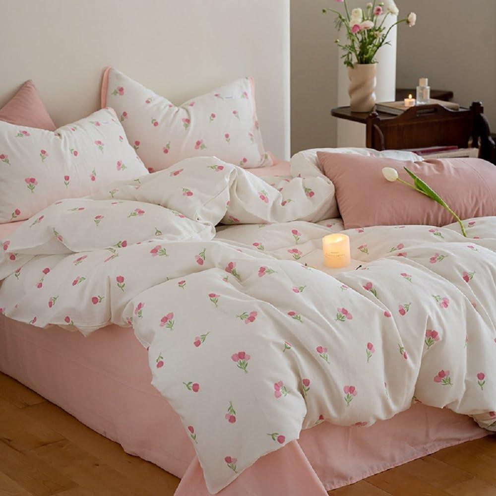 Floral Duvet Cover Set Queen Size, White Pink Tulip Pattern Bedding Duvet Cover with Zipper Closure, Breathable Microfiber Comforter Cover 90"x90" and 2 Pillowcases 20"x30"