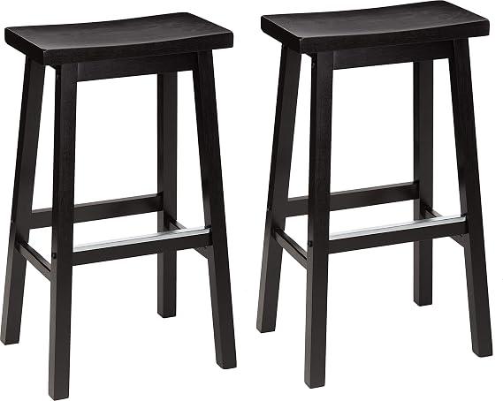Amazon Basics Solid Wood Saddle-Seat Counter Height Bar Stools for Kitchen Island and Home Bar with Footrest, 29-Inch Height, Black, Set of 2