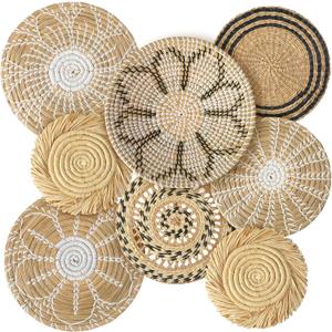 Xuhal Set of 8 Hanging Woven Wall Basket Handmade Decorative Rustic Boho Basket Decor Handcrafted Wicker Round Seagrass Wall Art for Home Kitchen Farmhouse Table Living Room