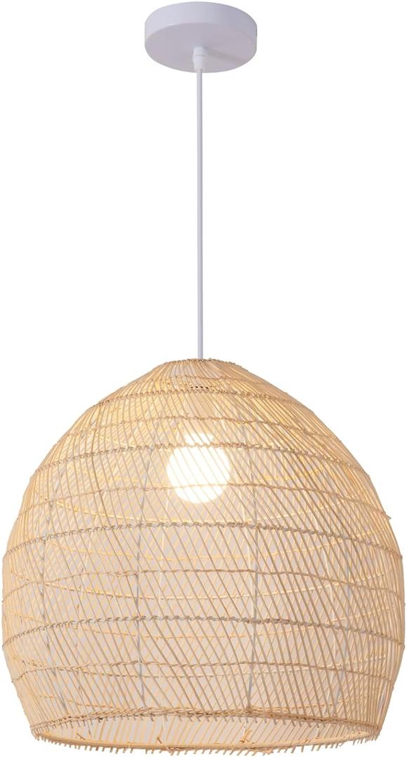 1-Light Rattan Pendant Light,13.78" Hand-Woven Bamboo Rattan Hanging Light Wicker Chandelier for Kitchen Island Restaurant Craft Room Farmhouse (White)