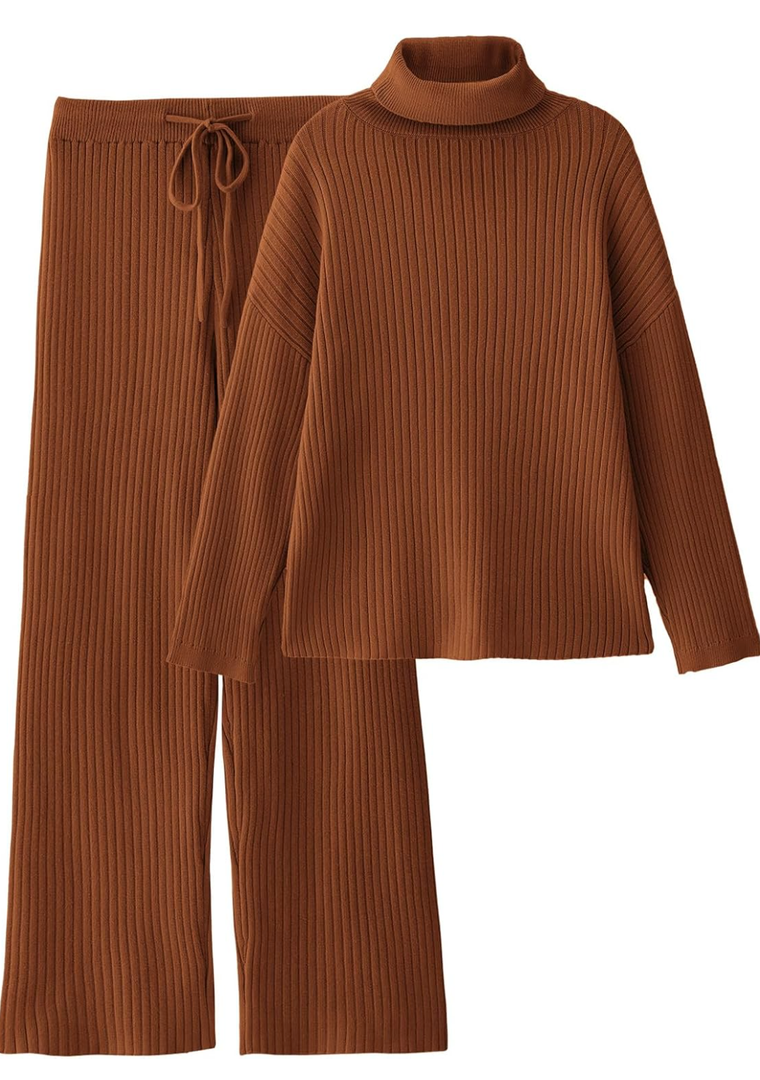 LILLUSORY Women's 2 Piece Outfits Turtleneck Sweaters Lounge Set and Wide Leg Pants Cozy Knit Sweatsuit Sets XL
