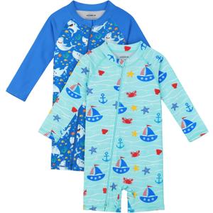 2 Pack Baby Toddler Boys Swimsuits UPF 50+ Sun Protection Long-Sleeve Rash Guards Baby Dry Fit Bathing Suit with Zip (3-6 Months, Shark, Sailboat)