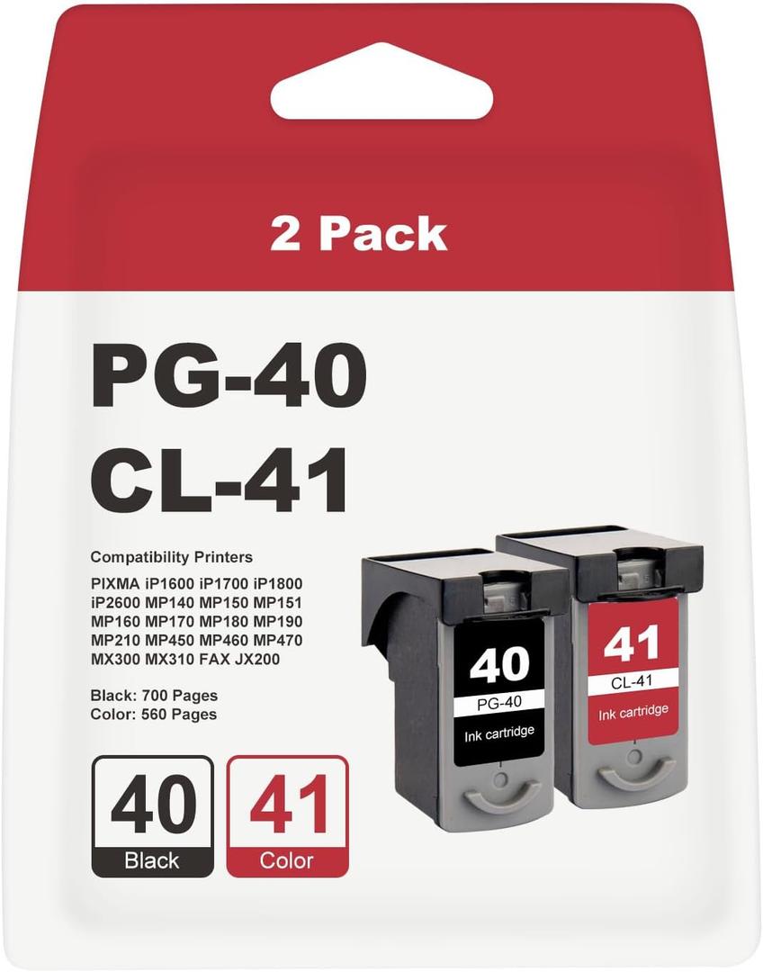 PG-40 CL-41 Ink Cartridge Replacement for Canon PG40 CL41 Ink Cartridge for PIXMA IP1800 IP2600 MP140 MP150 MP151 MP160 MP170 MP180 MP190 MP210 MP450 MP460 MP470 FAX JX200 (1 Black, 1 Color)