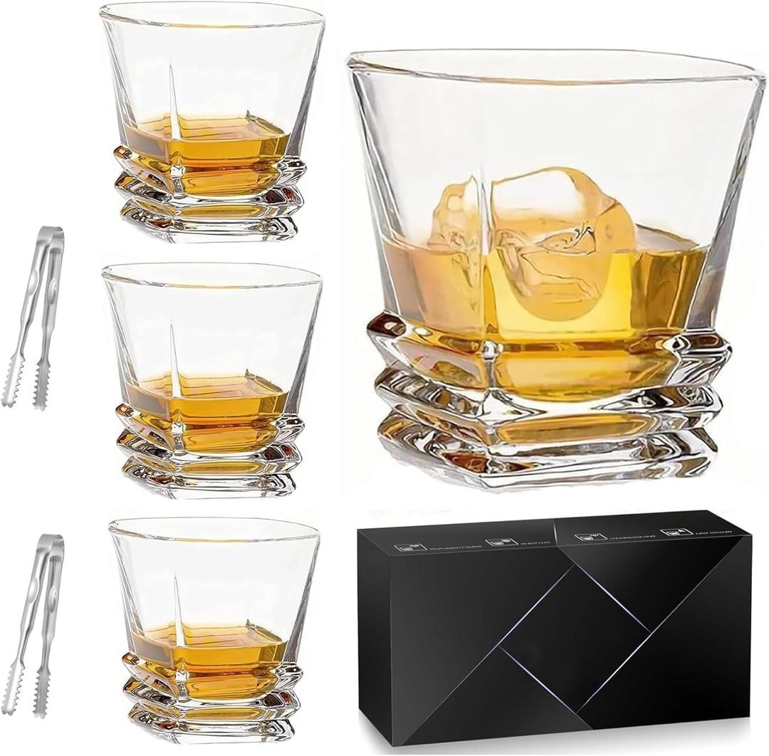 Whiskey Glasses Set of 4, Premium 9.87 oz Crystal Old Fashioned Rocks Glass with Luxury Gift Box & 2 Ice Tongs, Heavy Base Bourbon Tumblers, Drinking Gifts for Men Dad Husband