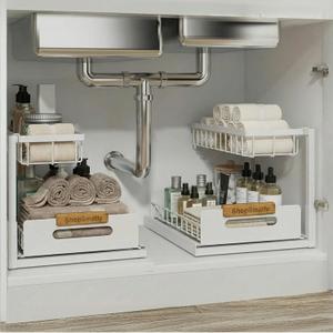 Under Sink Organizer 2-Pack, Metal Under Sink Organizer for Kitchen & Bathroom, Multi-Use Under Sink Storage Rack for Cleaning Supplies and Bathroom Essentials (White)