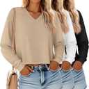 Ficerd 3 Pack Women's Crop Long Sleeve Tops V Neck Loose Cropped T Shirts Drop Shoulder Casual Basic Fall Winter Boxy Tees (Medium, Black, White, Khaki)
