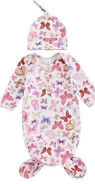 woshilaocai 1 Pack Baby Boy Girl Gown Sleeper Newborn Knotted Nightgown and Hat Set Infant Sleepwear (Butterfly&Lilac,0-3 Months)