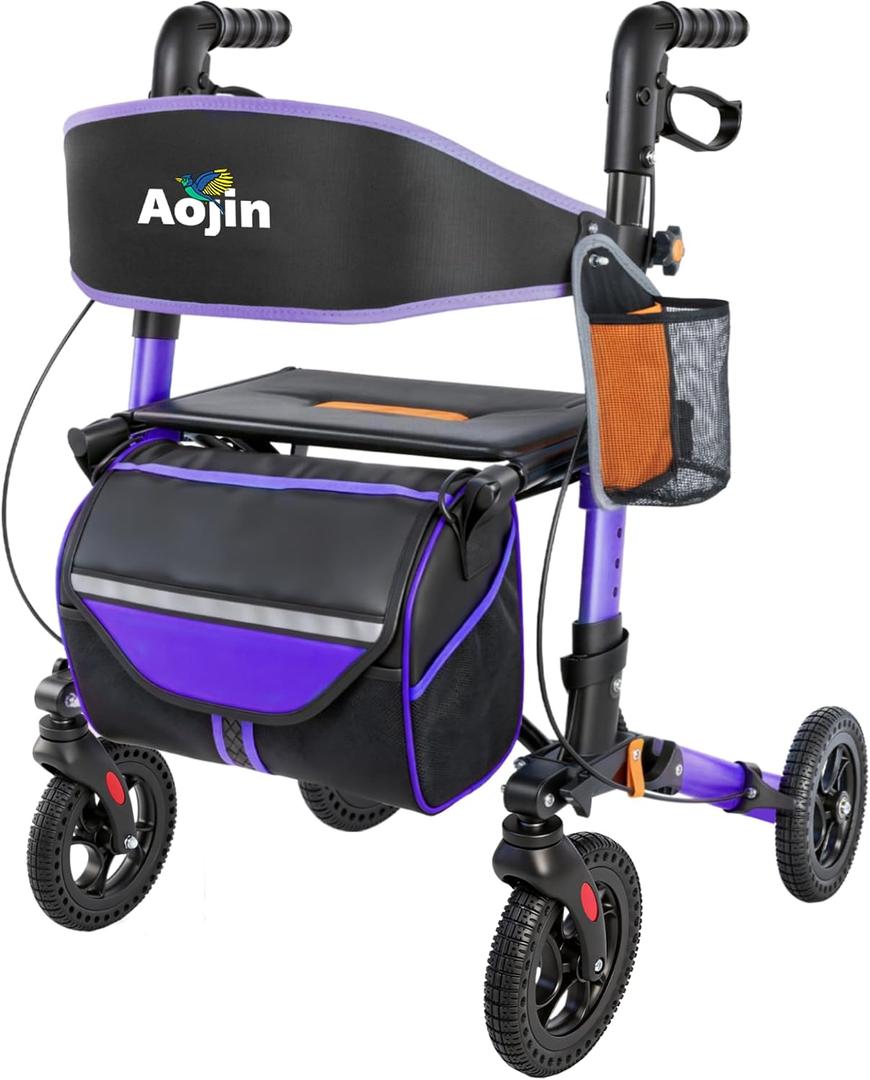 Aojin Rollator Walker for Seniors, Lightweight Foldable All Terrain Rolling Walker with seat, Aluminum Walkers with 8 inch Rubber Wheels (Purple)