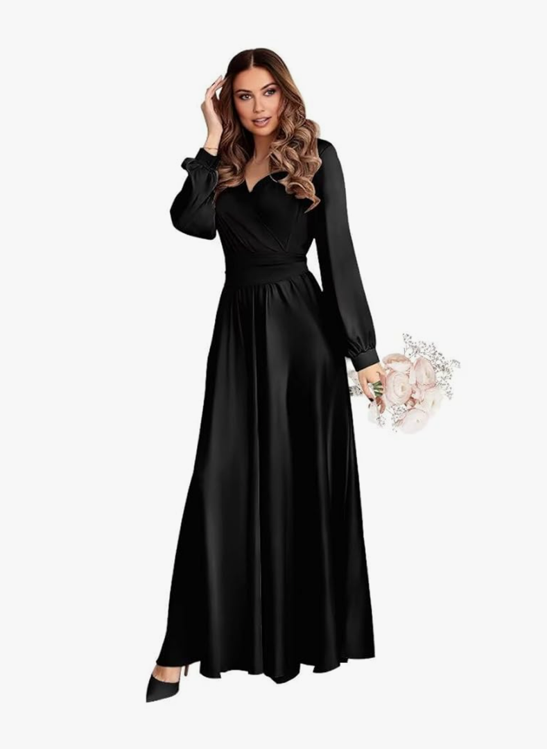 Women's Satin Bridesmaid Dresses Long Formal Dress with Long Sleeve, Size M
