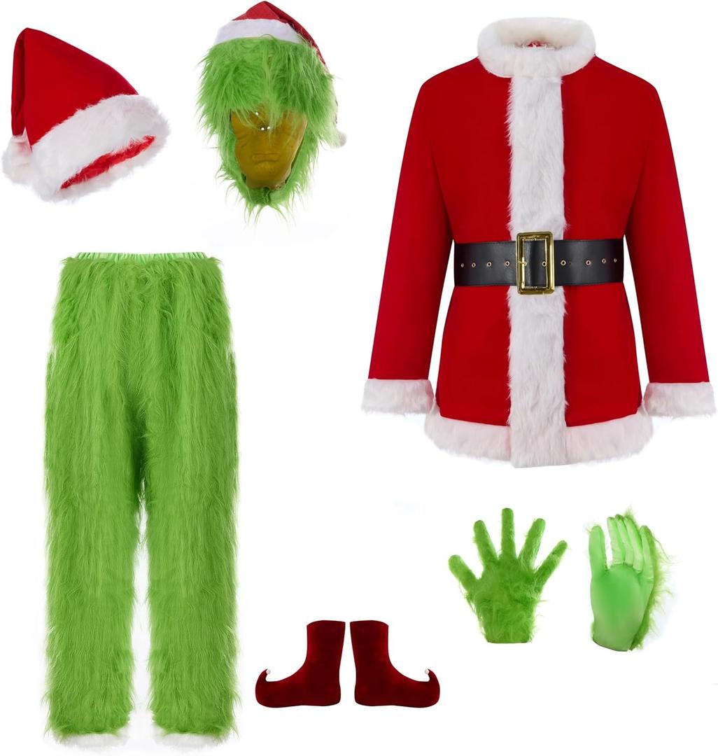 7PCS Christmas Green Monster Costume, Christmas Santa Suit for Adult Men with Mask (3X-Large)