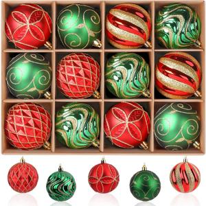 3.15"/80mm Christmas Balls Ornaments, 12Pcs Christmas Tree Decorations, Shatterproof Christmas Hanging Baubles Set with Hooks for X-mas Party Wedding Holiday Decor, Red, Green & Gold