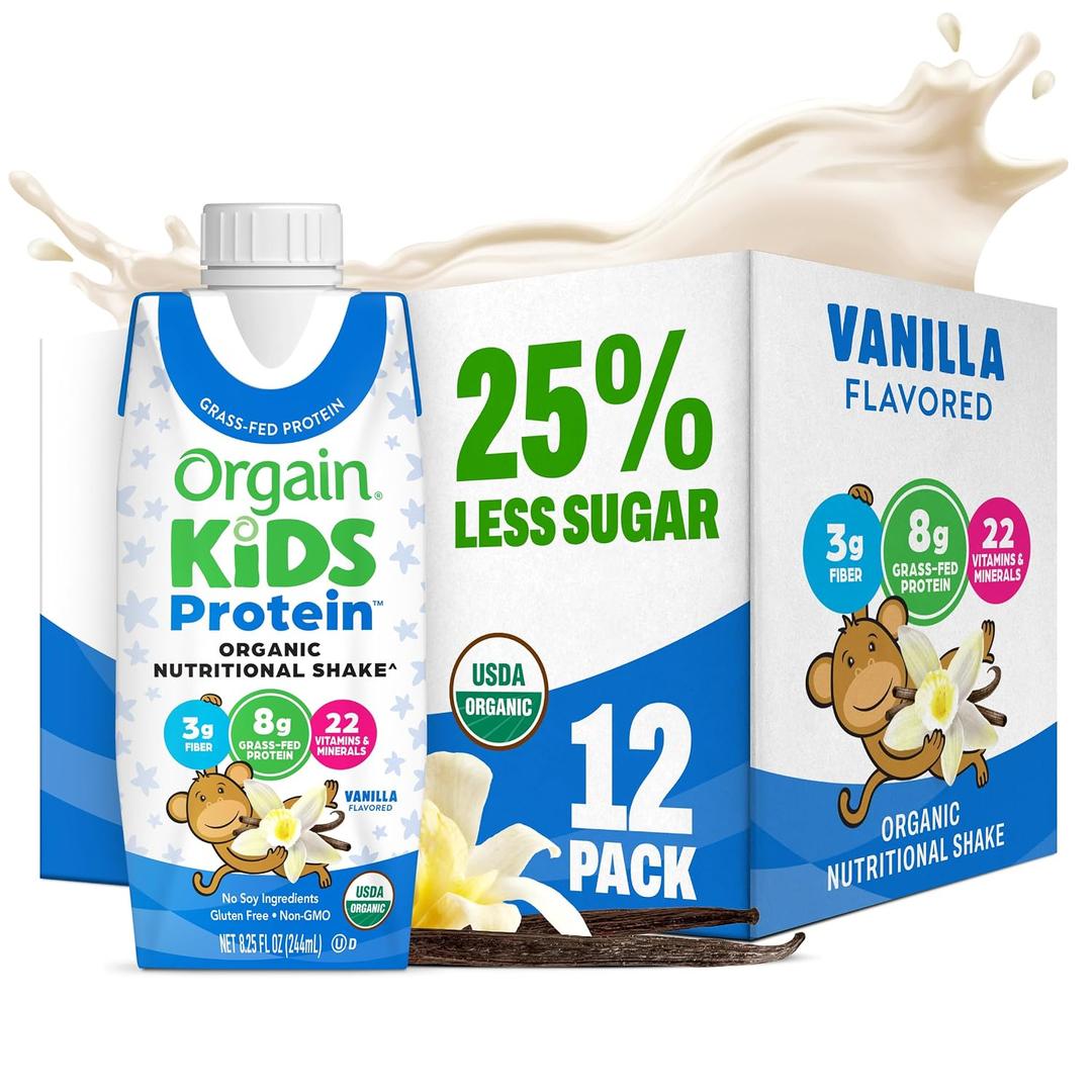 Orgain Organic Kids Nutritional Protein Shake, Vanilla, Healthy Kids Snacks, 8g Dairy Protein, 3g Fiber, 22 Vitamins & Minerals, No Soy ingredients, Gluten Free, Non-GMO, 8.25 Fl Oz (Pack of 12) (EXP 05/16/26)