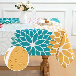 Alishomtll Dahlia Pinnata Tablecloth, Spring Summer Floral Waterproof Table Cloth, Yellow and Teal Flower Table Cover for Party Picnic Dinner Decor, 55""x55"", Mixed