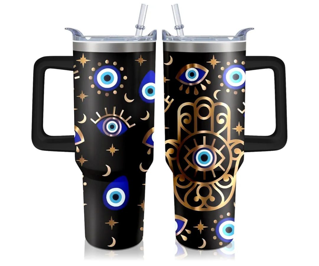 40oz Evil Eye Tumbler with Handle and Flip Straw, Evil Eyes Hand Stainless Steel Insulated Cup, Travel Coffee Mug Water Bottle, Birthday Gifts for Women Men