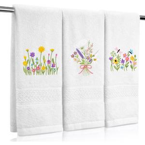 SmoothNovelty 3 Pcs Hand Towels for Bathroom Embroidered Cotton Kitchen Towels 13.3" x 29.5" Decors Gift (White,Spring Flowers)