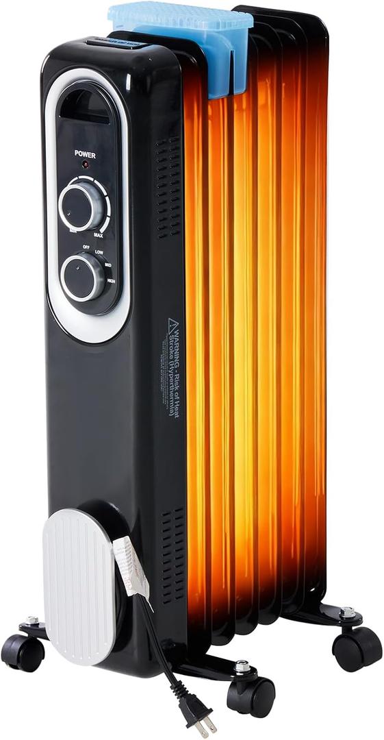 Dumos Oil Filled Radiator Heater with Adjustable Thermostat, 1500W Oil Space Heater for Indoor Use, Portable, 22inch Bright Black