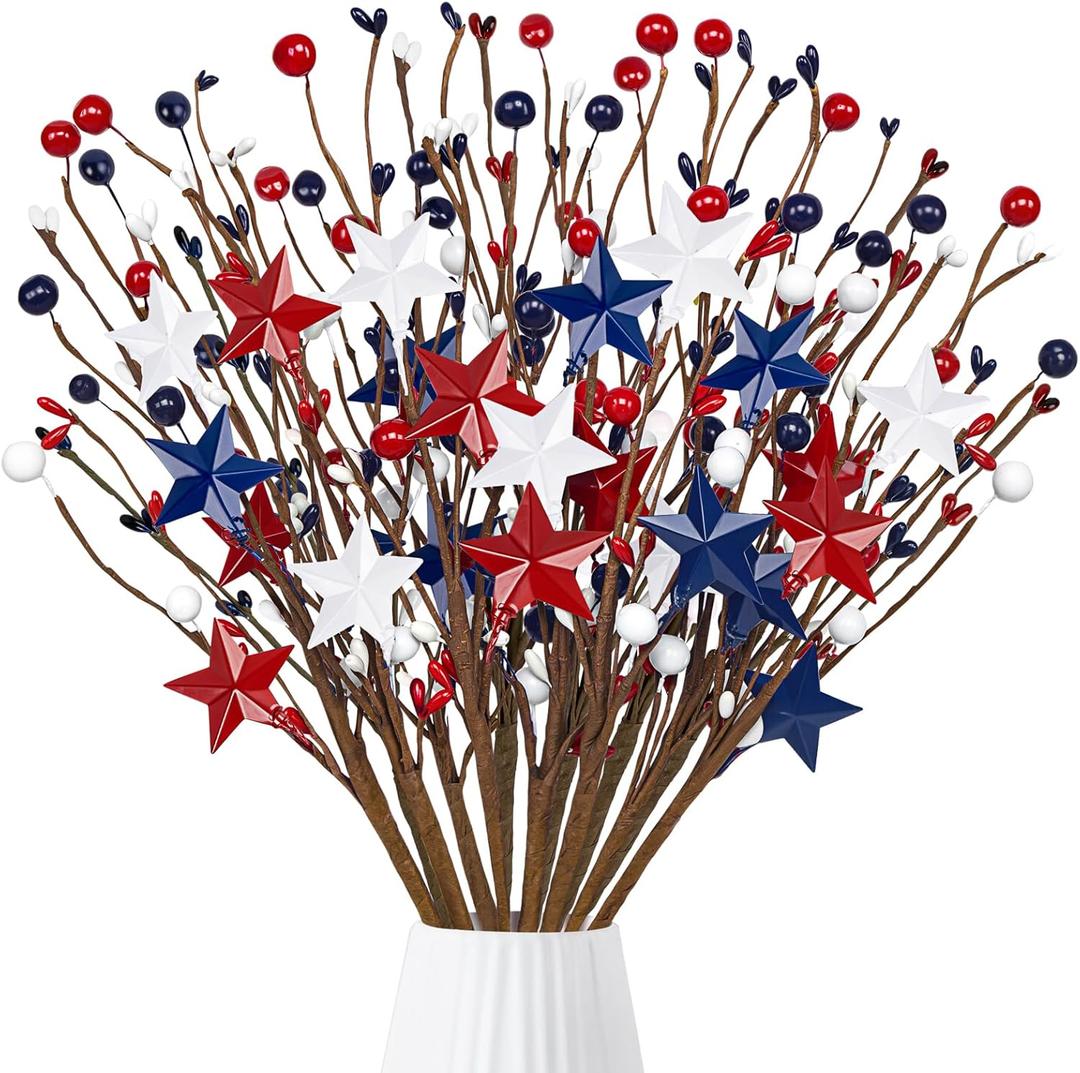 15PCS 4th/Fourth of July Decorations Patriotic Picks Red White Blue Berry Stems Memorial Independent Day Labor Decor for Home Vase Table Centerpieces
