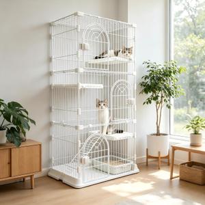 Cat Cage for Indoor Cats, DlY Catio & Cat Playpen with Escape-Proof Spacing, Sturdy Metal Cat Crate Kennel for Kittens, Ferrets & Small Animals (White, 3-Tier 52.5")