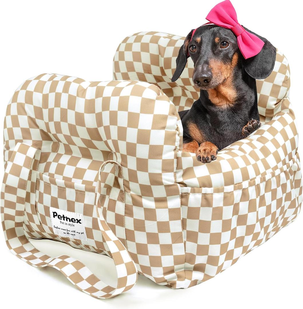 Dog Car Seat for Small Dogs, Portable Puppy Car Seat of Easy Installation, Fashionable Pet Carrier Bag with Large Pockets, Machine Washable Dog Booster Seat (Checkered Khaki)