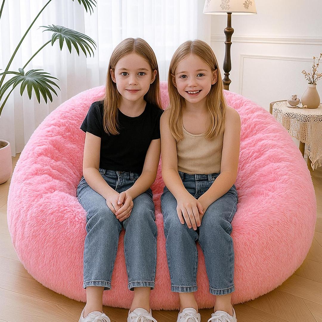 MEGO 5FT Fluffy Faux Fur Giant Bean Bag Chair Cover (No Filler), Soft Comfy Stuffed Animal Storage Cover for Adults Kids, Lazy Sofa Bed Beanbag Cover for Living Room Bedroom Decor, Anti-Slip, Pink
