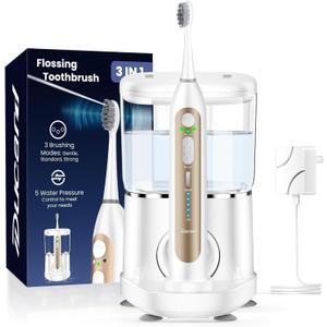 Electric Toothbrush with Water Flosser, Upgrade Flossing Toothbrush Combo with 3 Brush + 1 Nozzle, 5 Floss Speeds&3 Brush Modes, 500mL Tank, 30-Day Battery, for Adults & Teens, Gums, Braces-White