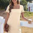 AlvaQ Womens Solid Color Casual Summer Square Neck Short Sleeve Mini Dresses with Pockets (Beige, XL)