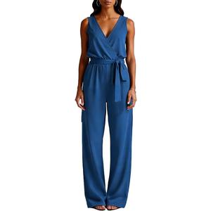 DeftSharp Women's Sexy Cocktail Party Clubwear Casual Working Rompers Club Back Zip Belt Long Jumpsuit (Blue, L)