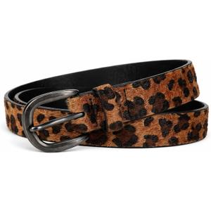 Leopard Print Belt for Women with Glossy Black Buckle, Faux Leather Skinny Waist Belt for Jeans Dress (Brown)