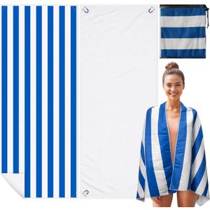 Blue Stripes Magnetic Beach Towel - 75"x30" Sand Free Quick Dry Microfiber Towel with Built-in Magnets Lightweight for Beach Chair Car Door Pool Travel Camping Yoga with Storage Bag