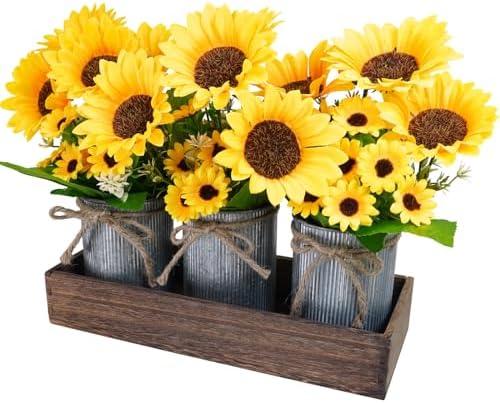 Winlyn Set of 3 Artificial Sunflowers Metal Pot Centerpiece Farmhouse Sunflowers Floral Arrangements with Rectangle Wooden Planter 11" for Rustic Wedding Spring Summer Home Kitchen Table Shelf Décor