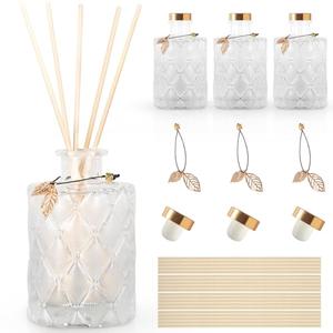 Glass Reed Diffuser Bottles for Decorative, Vintage Embossed Apothecary Style Flower Bud Vases with Cork Lids and Metal Leaves, Set of 4
