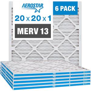 Aerostar 20x20x1 MERV 13 - 6 Count - Pleated HVAC, Furnace & Air Conditioner Filters - Removes Bacteria, Dust, Cold & Flu Germs, Lint, Mold, Pet Dander, Allergy-Causing Pollen, Smog, Smoke & Viruses