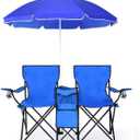 Goplus Double Camping Chair with Umbrella, Folding Loveseat Chairs w/Canopy Shade, Carrying Bag, Table, Cup Holder, Portable Beach Chairs Outdoor Picnic Patio Light Blue