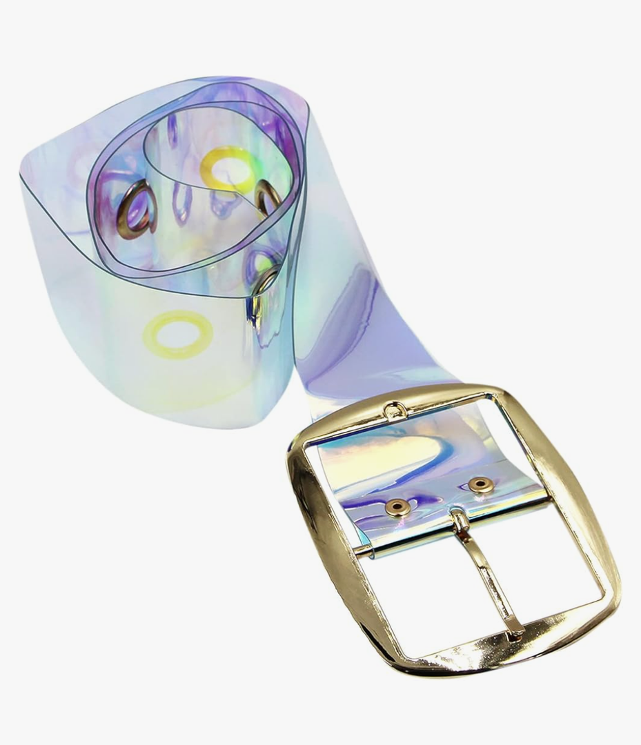 ANKOMINA Women Fashion Holographic Clear Wide Belt Transparent PVC Metal Buckle Waist Belt Waistband Cinch Dress Belt