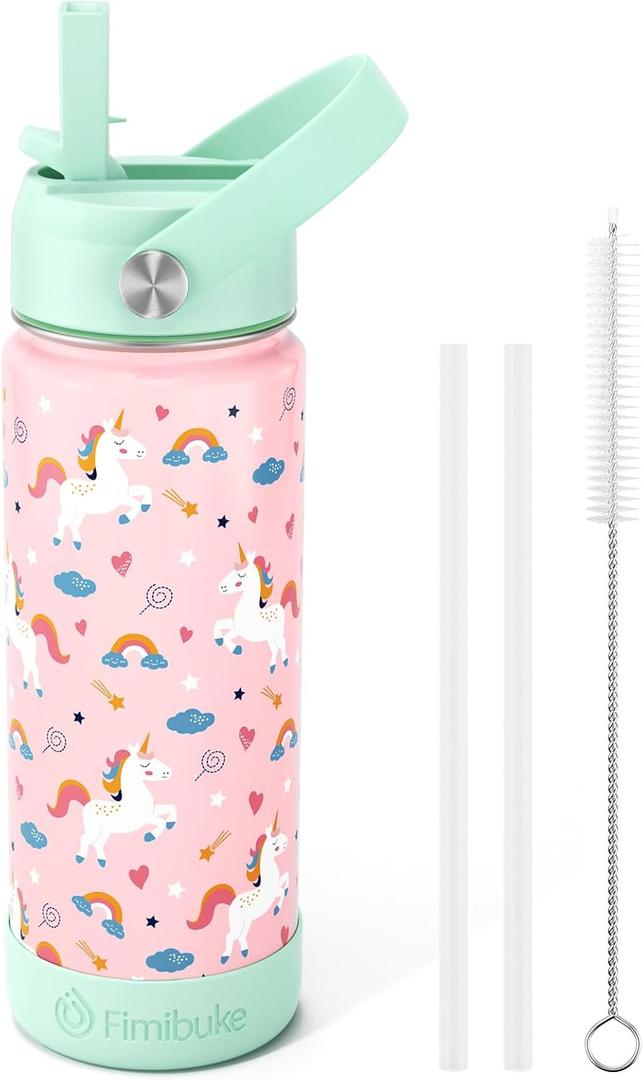 Fimibuke Kids Insulated Water Bottle, 18oz BPA FREE 18/8 Stainless Steel Kids Cup with Straw Travel Tumbler Double Wall Vacuum Leak Proof Toddler Water Bottle for School Boys Girls(1 Pack, Unicorn)