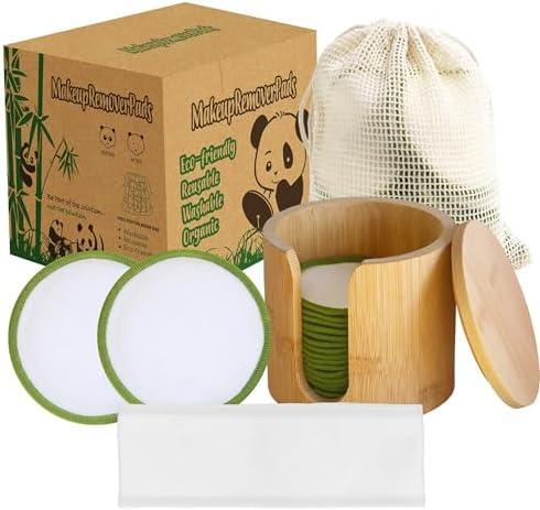 Sopurrrdy Reusable Cotton Rounds, 100% Natural Bamboo Cotton Pads for Face|Reusable Makeup Remover Pads with Laundry Bag,Headband and Cotton Round Holder (White and Green)