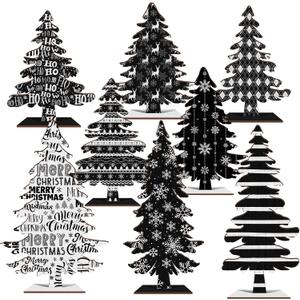 Cinrobiye 8 Pcs Christmas Table Decorations, Black White Christmas Tree Tabletop Centerpieces Farmhouse Rustic Wood Xmas Trees for Home Mantel Fireplace Winter Holiday Party Supplies Decor (Black)