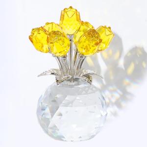 Crystal Yellow Rose Bouquet Figurine with Round Vase Gifts for Her, Glass Rose Flower Romantic Keepsakes for Women Mom on Christmas, Collectible Decoration Table Centerpiece for Home